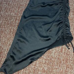Black silky satin like rouched side asymmetrical fitted bodycon going out skirt